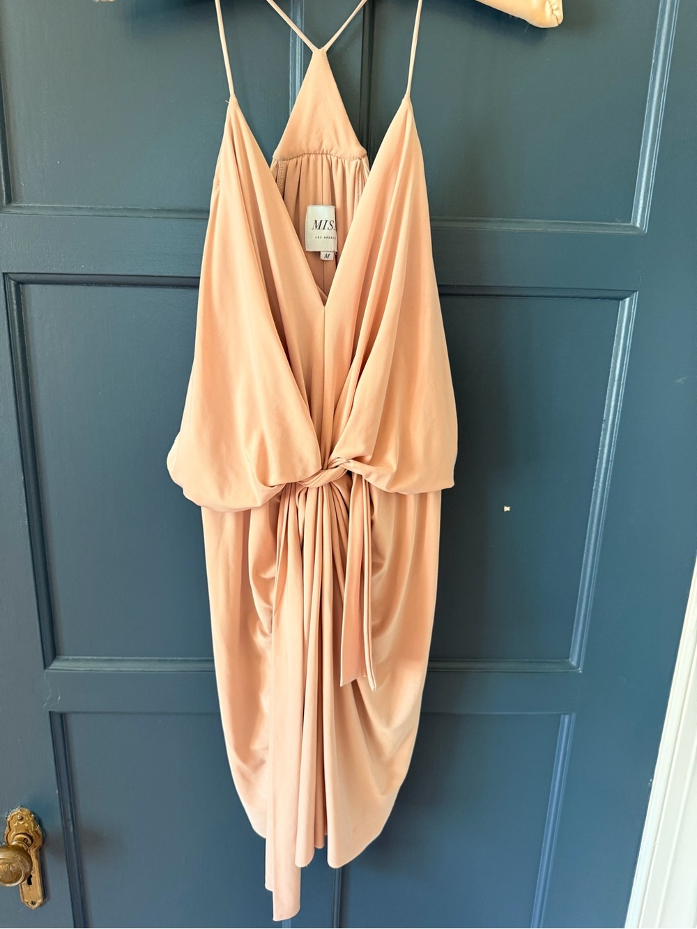 Misa light gold Draped Knot-Front Strapless Slip Dress